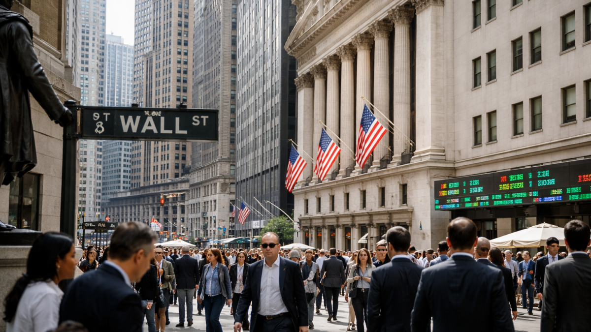 Crowds walk through Wall Street beside the New York Stock Exchange and its American flags.