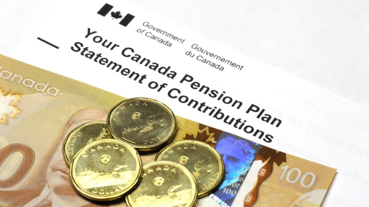 A Canada Pension Plan Statement of Contributions with a 100 dollar banknote and dollar coins.